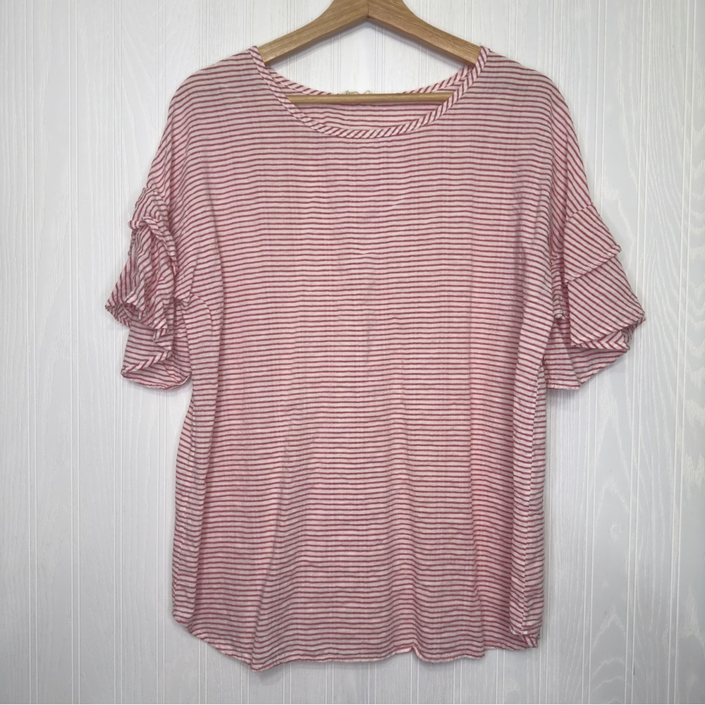 Lime & Chili striped red short sleeve ruffle shirt size XL